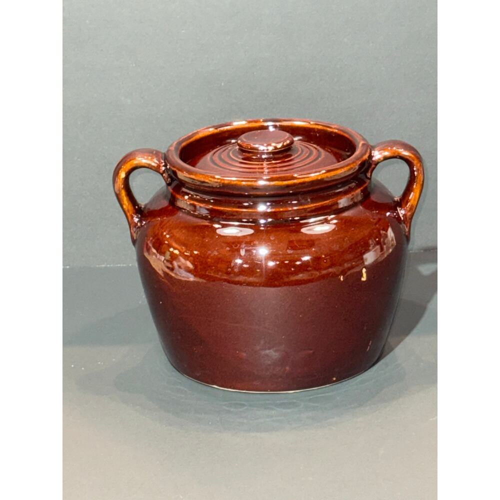 Vintage  6” Brown Glazed Stoneware Lidded Bean Pot - USA